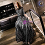 In Stock:Ship in 48 Hours Black Tulle Sequins Half Sleeve Prom Dress