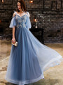In Stock:Ship in 48 Hours Blue Tulle Spaghetti Straps Prom Dress