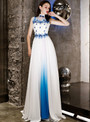 In Stock:Ship in 48 Hours Blue White Chiffon High Neck Prom Dress