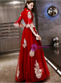 In Stock:Ship in 48 Hours Red Tulle Appliques Long Sleeve Prom Dress
