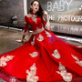 In Stock:Ship in 48 Hours Red Tulle Appliques Long Sleeve Prom Dress