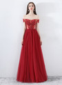 In Stock:Ship in 48 Hours Burgundy Tulle Off Shoulder Appliques Prom Dress
