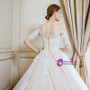 Champagne Ball Gown Tulle Lace Short Sleeve Wedding Dress With Long Train