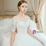 Champagne Ball Gown Tulle Lace Short Sleeve Wedding Dress With Long Train