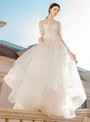 Champagne Tulle Lace Appliques Short Sleeve Long Wedding Dress