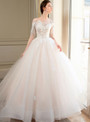 Champagne Tulle Appliques Short Sleeve Wedding Dress With Long Train