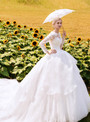 White Ball Gown Tulle Lace Appliques Long Sleeve Wedding Dress