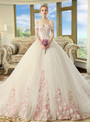 White Tulle Pink Appliques Off The Shoulder Wedding Dress With Long Train