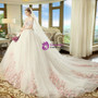 White Tulle Pink Appliques Off The Shoulder Wedding Dress With Long Train