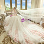 White Tulle Pink Appliques Off The Shoulder Wedding Dress With Long Train