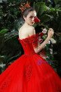 Red Ball Gown Tulle Appliques Off The Shoulder Short Sleeve Wedding Dress