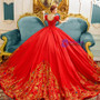 Red Ball Gown Lace Puff Sleeve Gold Appliuqes Wedding Dress With Crystal