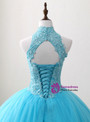 Blue Rulle Lace Appliques High Neck Backless Sweet 15 Dress