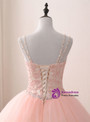Pink Ball Gown Tulle V-neck Double Straps Appliques Quinceanera Dresses