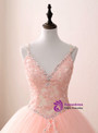 Pink Ball Gown Tulle V-neck Double Straps Appliques Quinceanera Dresses