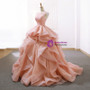 Pink Ball Gown Organza Bateau Bakless Wedding Dress With Beading