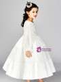 In Stock:Ship in 48 Hours White Satin Lace Long Sleeve Tea Length Girl Dress