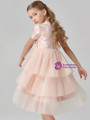 In Stock:Ship in 48 Hours Pink Tulle Hi Lo Short Sleeve Flower Girl Dress