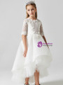 In Stock:Ship in 48 Hours White Hi Lo Tulle Short Sleeve Appliques Flower Girl Dress