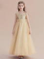 A-Line Gold Tulle Sequins Ankle Length Princese Flower Girl Dress