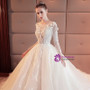 White Ball Gown Tulle Lace Appliques Long Sleeve Wedding Dress With Long Train