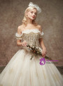 Champagne Ball Gown Tulle Applqiues Off The Shoulder Wedding Dress With Beading