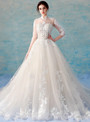 Champagne Tulle Lace Appliques High Neck 3/4 Sleeve Backless Wedding Dress