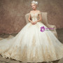 Champgne Tulle Appliques Off The Shoulder Wedding Dress With Bead