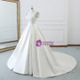 White Bateau Short Sleeve Satin Backless Wedding Dress With Long Train