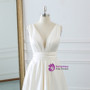 Ivory White Satin Deep V-neck Backless Tea Length Wedding Dress With Bow
