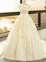 Beige White Satin Bateau Backless Cap Sleeve Wedding Dress