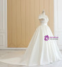 Beige White Ball Gown Satin Appliques Bateau Neck Wedding Dress