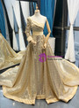Gold Ball Gown Sequins One Shoulder Long Sleeve Appliques Prom Dress