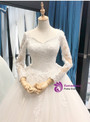 White V-neck Ball Gown Tulle Appliques Long Sleeve Wedding Dress