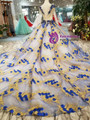 Royal Blue And Gold Lace Appliques Long Sleeve Wedding Dress With Long Train