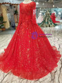 Red Tulle Sequins Long Sleeve Appliques Wedding Dress With Pearls