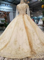 Champagne Gold High Neck Long Sleeve Wedding Dress With Long Train