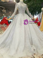 Gray Tulle High Neck Long Sleeve Backless Wedding Dress With Beading