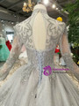 Gray Tulle High Neck Long Sleeve Backless Wedding Dress With Beading