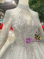 Gray Tulle High Neck Long Sleeve Backless Wedding Dress With Beading