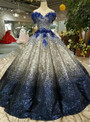 Blue Silver Sequins Off The Shoulder Backless Appliques Wedding Dress