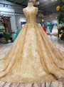 Champagne And Gold Sequins V-neck Backless With Beading Wedding Dress