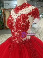 Red Ball Gown Tulle High Neck Backless Cap Sleeve Wedding Dress