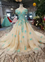 Champgne Tulle Green Appliques Off The Shoulder Wedding Dress With Beading