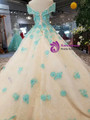 Champgne Tulle Green Appliques Off The Shoulder Wedding Dress With Beading