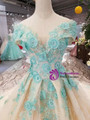 Champgne Tulle Green Appliques Off The Shoulder Wedding Dress With Beading