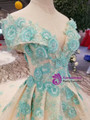 Champgne Tulle Green Appliques Off The Shoulder Wedding Dress With Beading