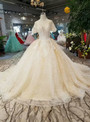 Champagne Tulle Sequins Bling Bling Puff Sleeve Backless Wedding Dress