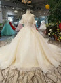 Light Champagne Tulle Sequins Puff Sleeve Wedding Dress With Detachable Train