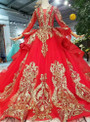 Red Tulle And Gold Sequins Appliques V-neck Long Sleeve Wedding Dress